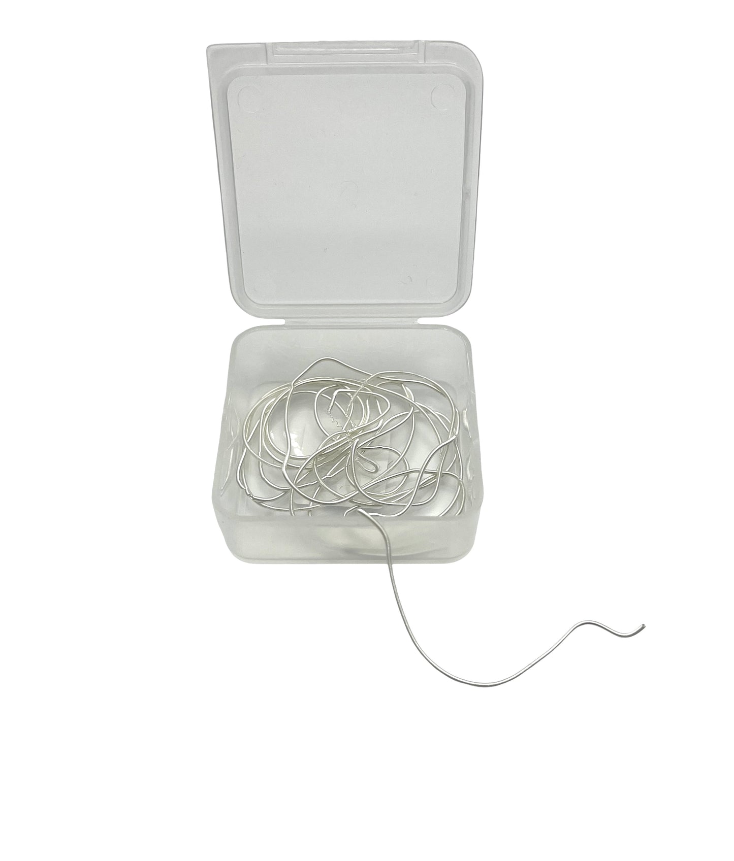 A clear plastic case containing silver necklace ends and a few inches of wire, used for jewelry making or repair.