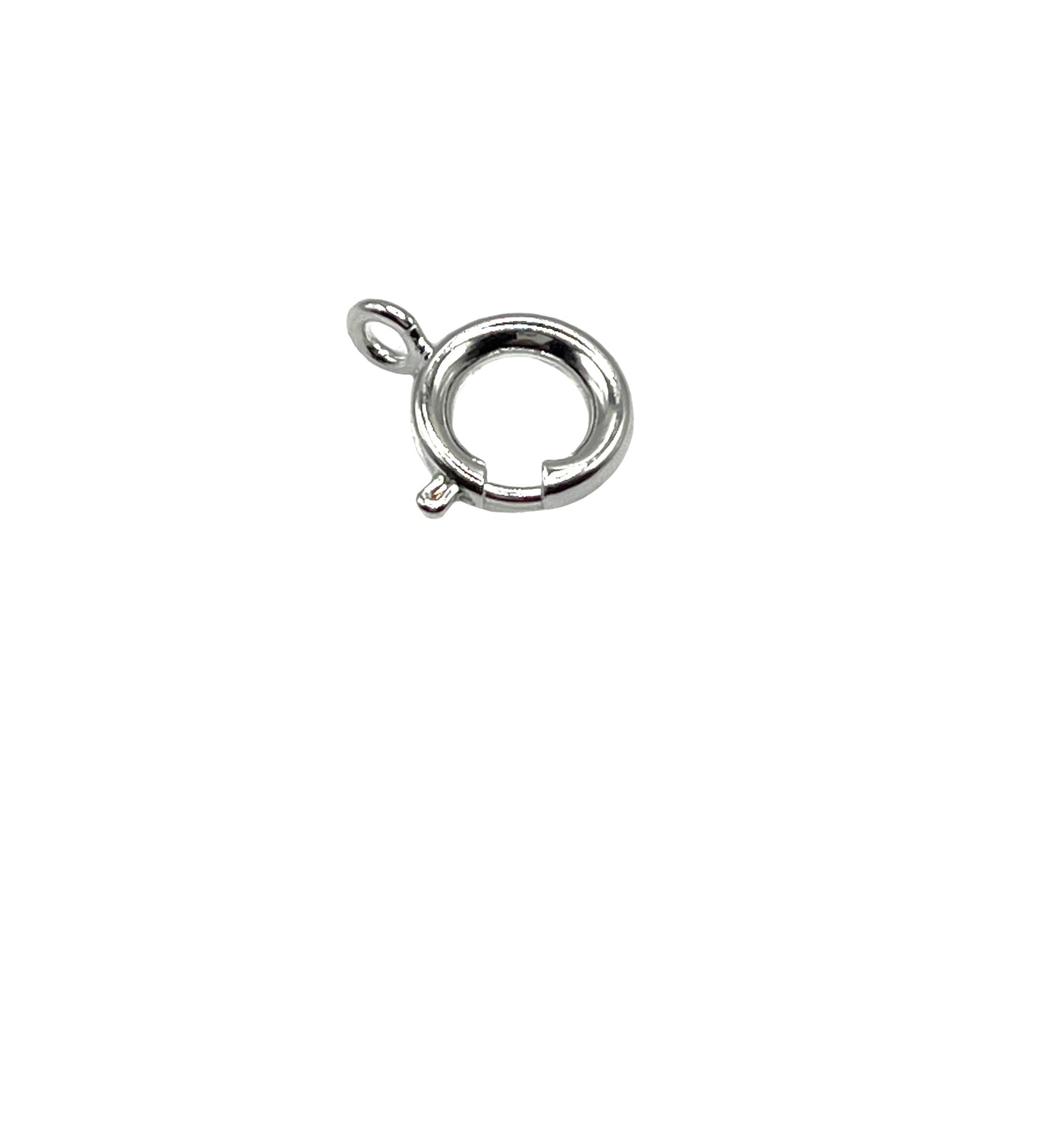 A silver plated boltring with a trigger release and closed attaching loop, displayed against a white background.