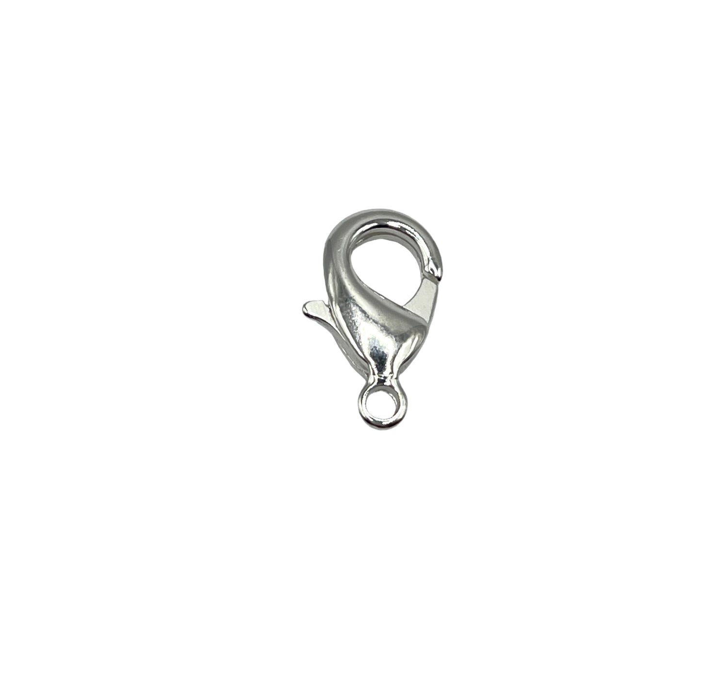 A silver plated lobster claw shape clasp for jewelry making.