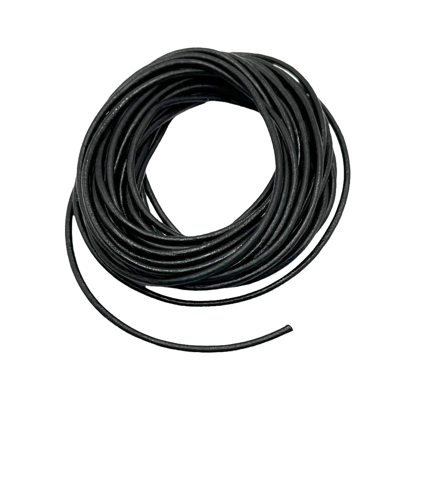 A coiled piece of round black leather cord