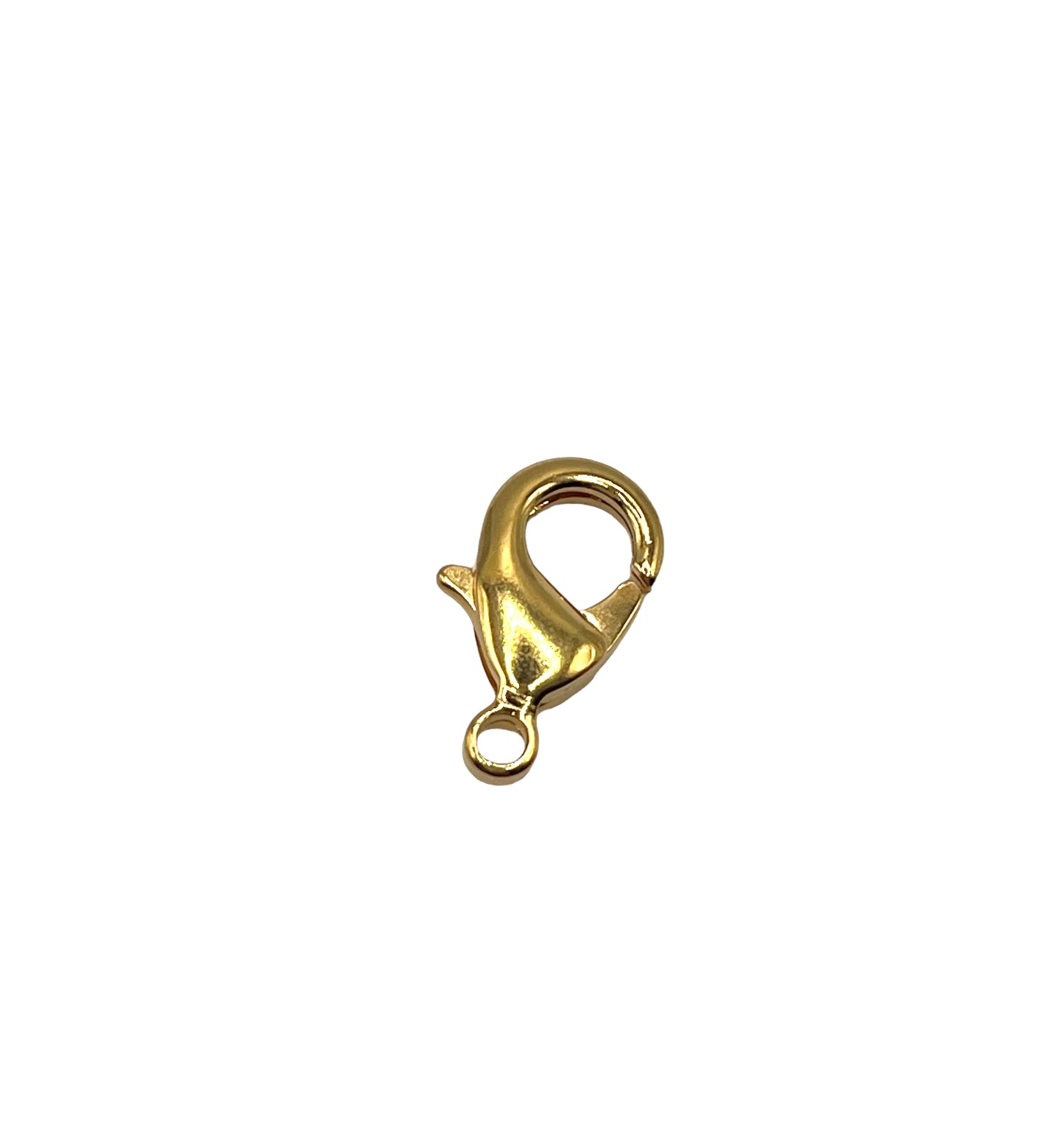 Gold plated lobster catch shaped clasp for bracelets and necklaces, with a shiny finish on a white background.