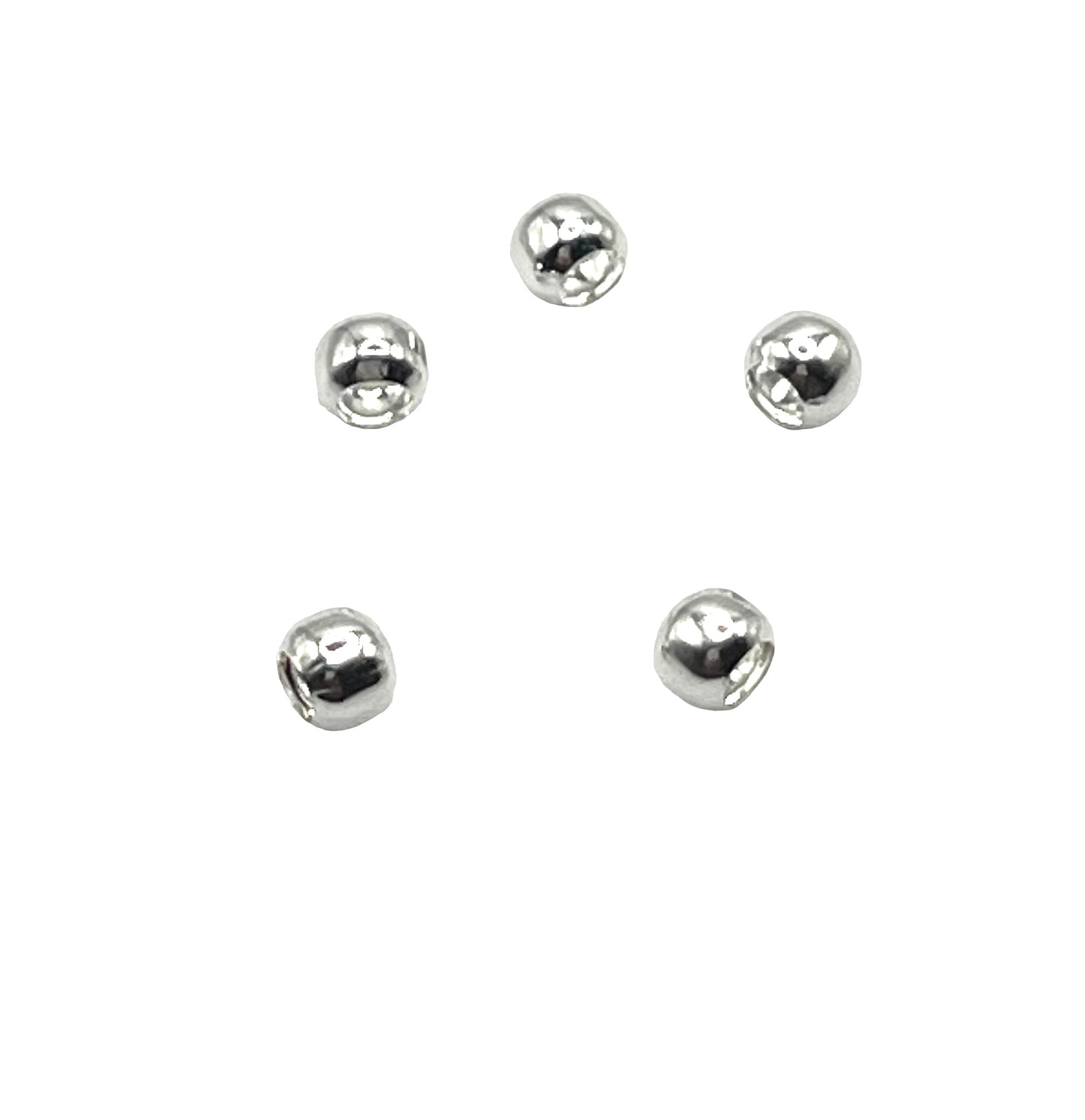 A set of silver bead crimps used for jewelry making, displayed on a white background