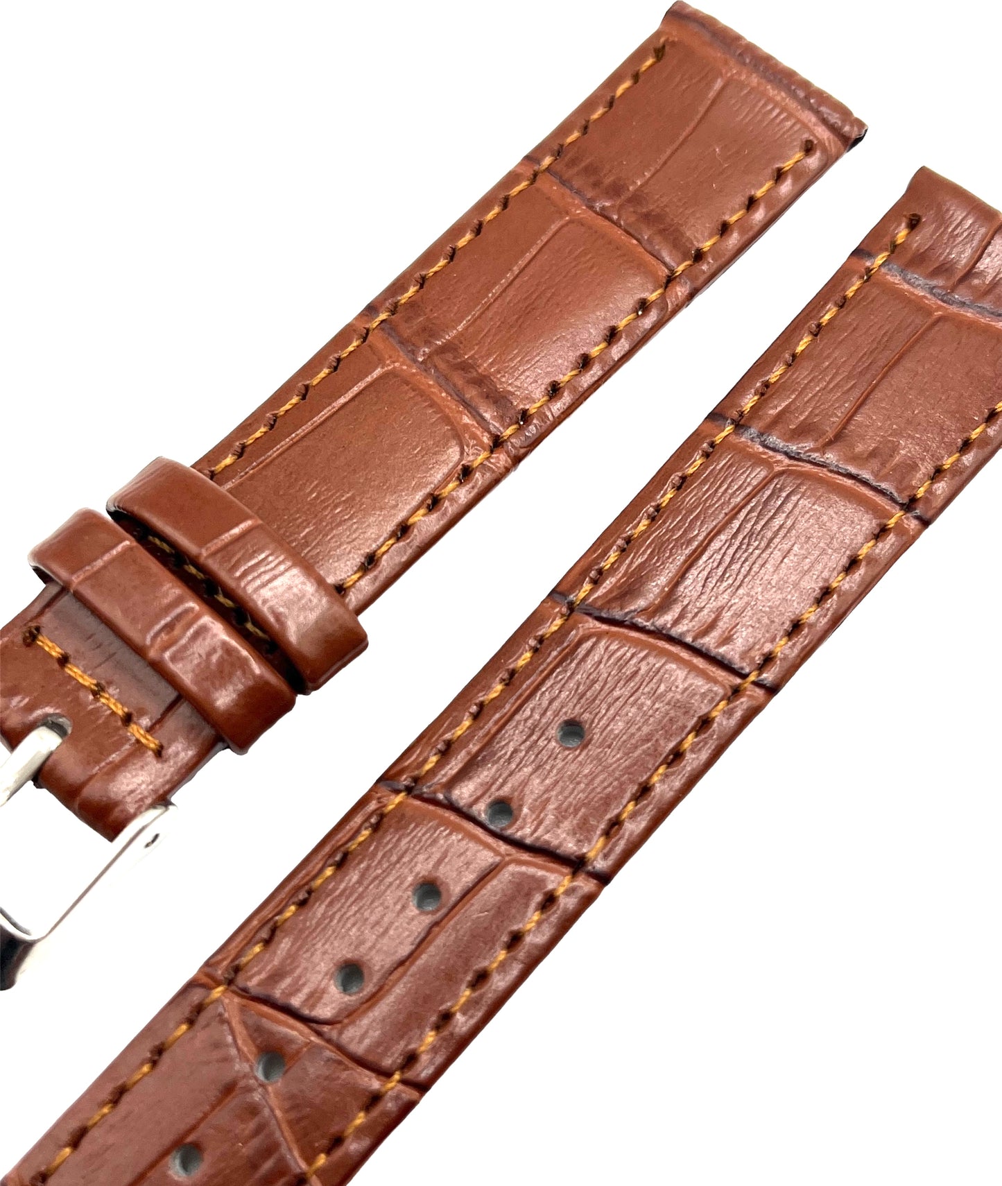 A brown leather crocodile grain watch strap with a stainless steel buckle, displayed flat on a white background.