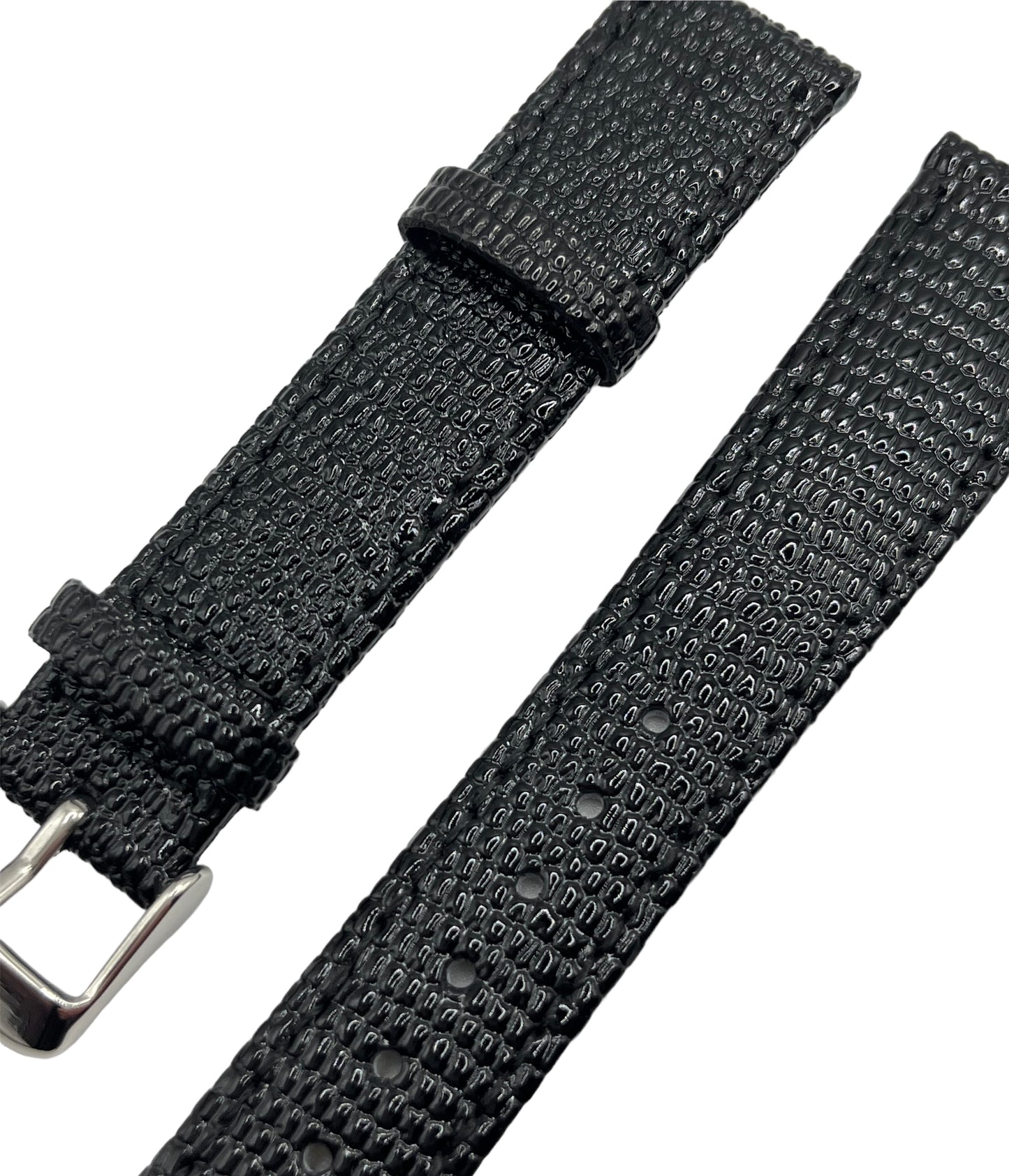 Black leather watch strap with lizard grain texture and stainless steel buckle.