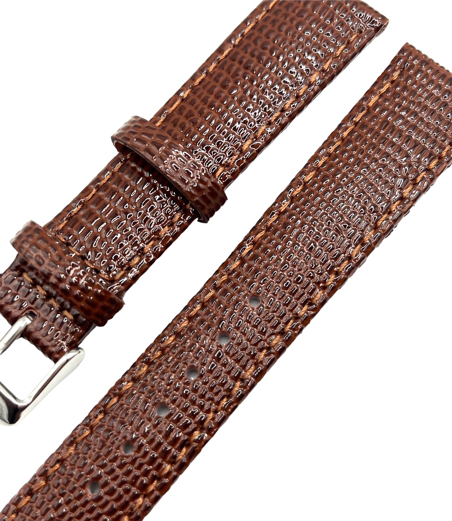 A brown leather lizard grain watch strap with stainless steel buckle laid out on a white surface.