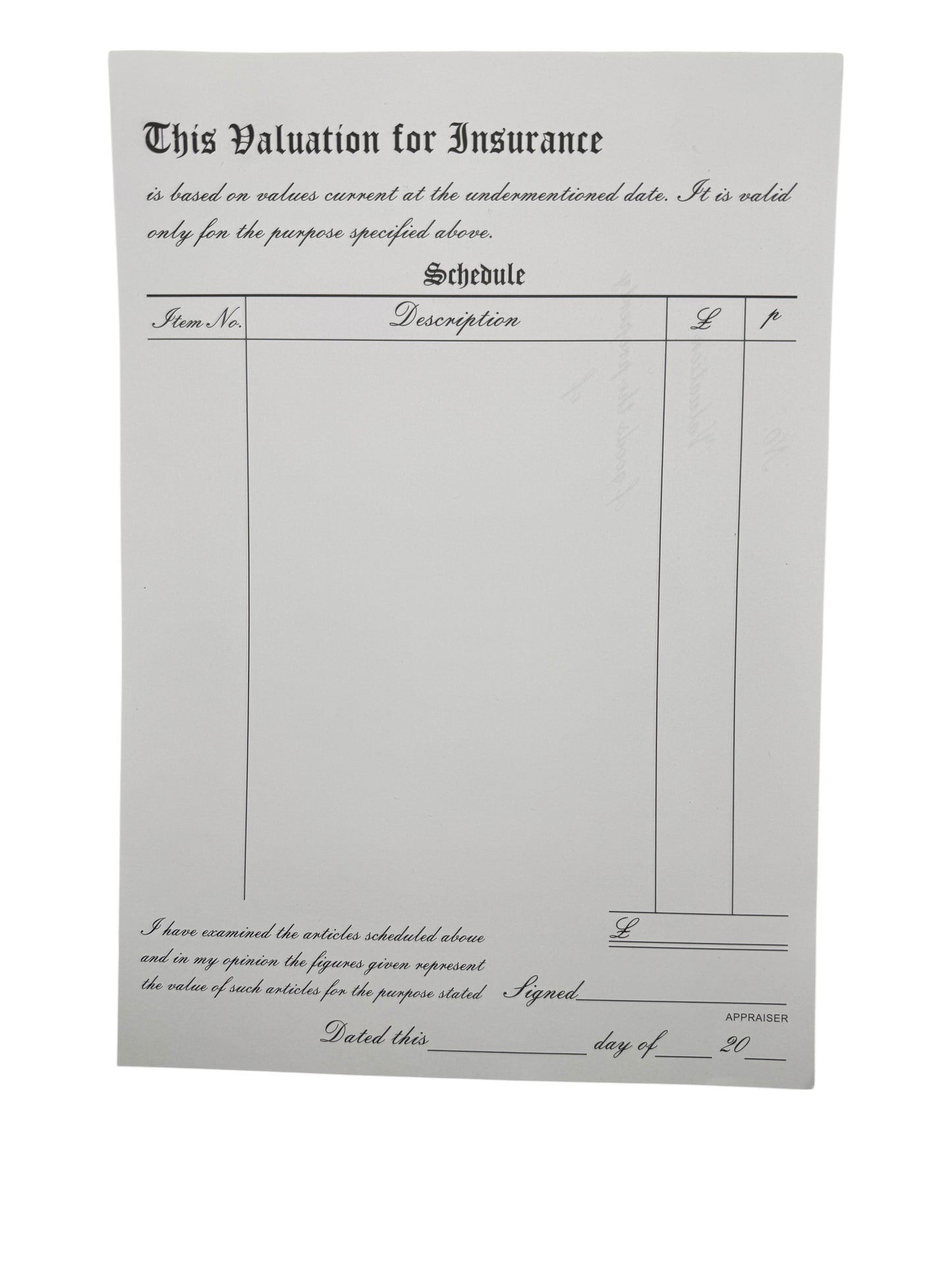 Vintage insurance valuation document on a white background