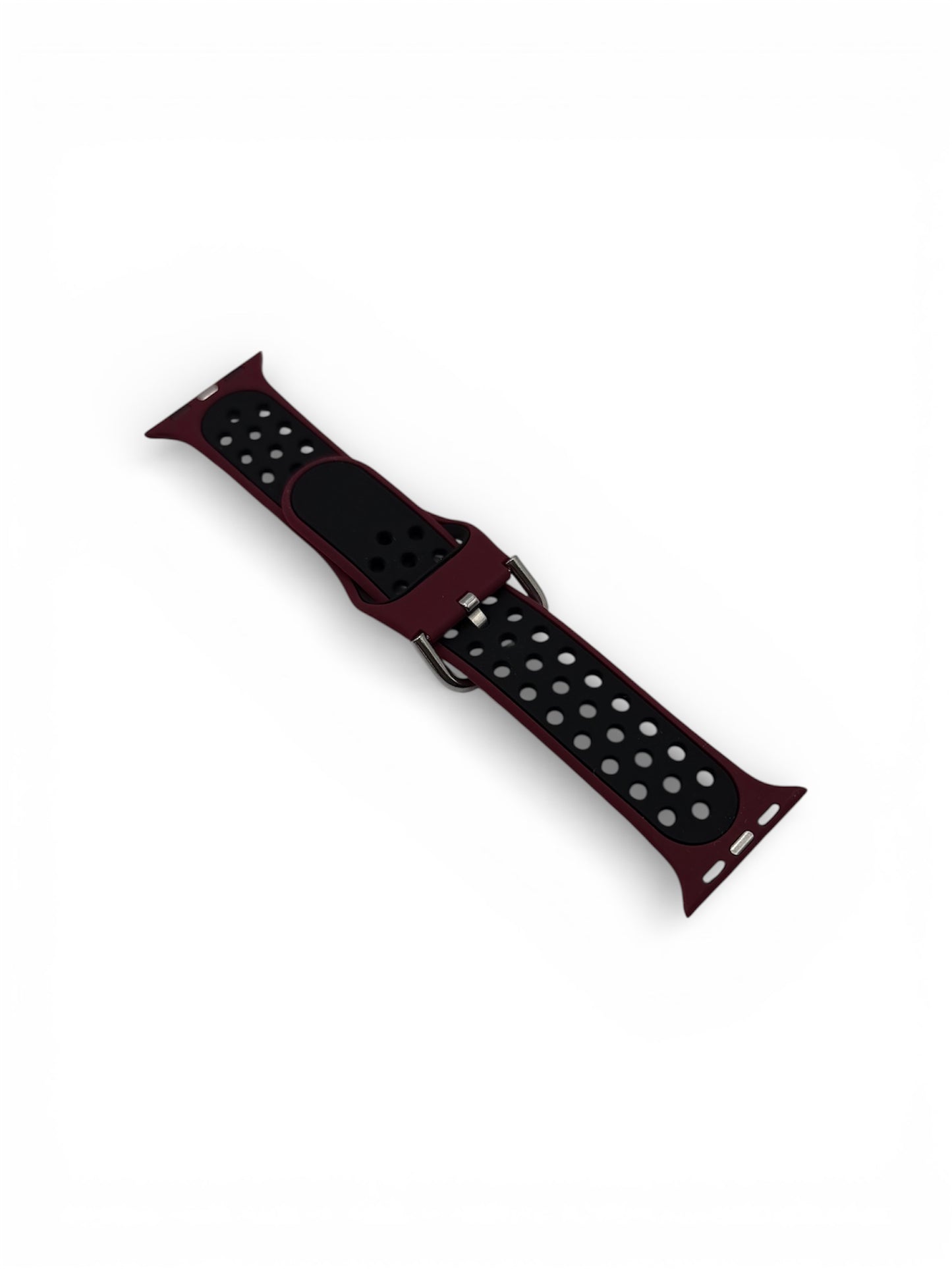 A dark red and black sport band with silver polka dots, shown diagonally on a plain white background.