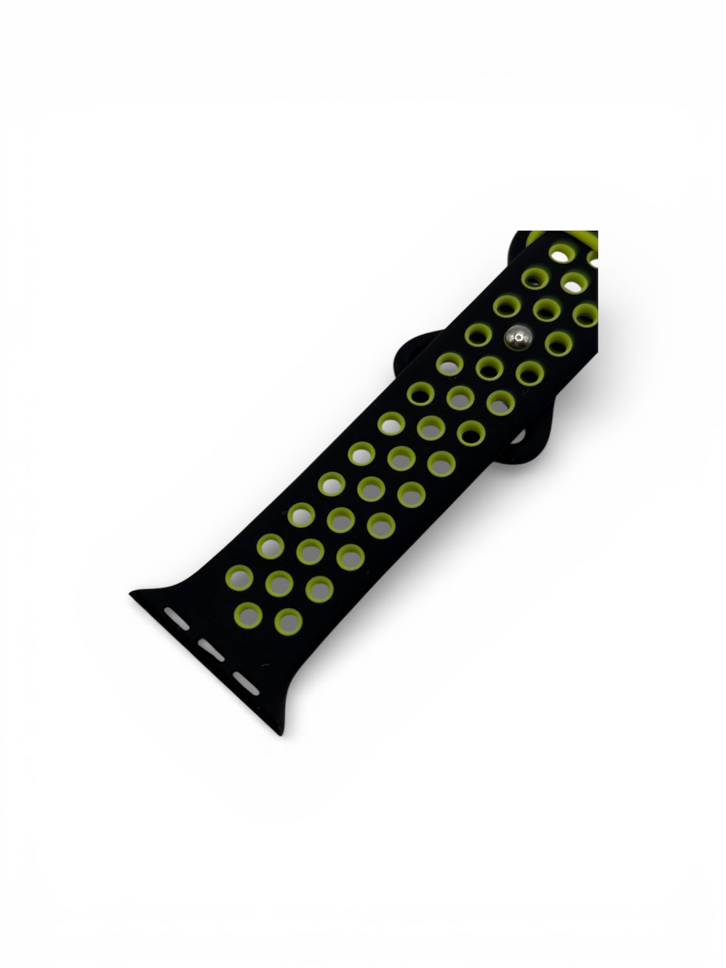Close up of a black and yellow silicone watch strap