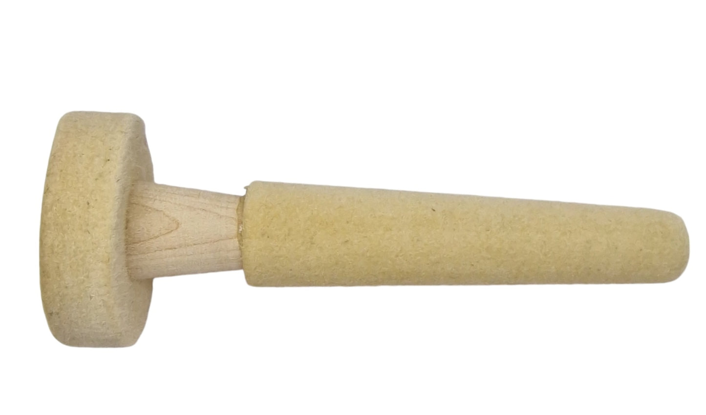 A beige felt combination polishing buff with a wooden handle, used for metal polishing.