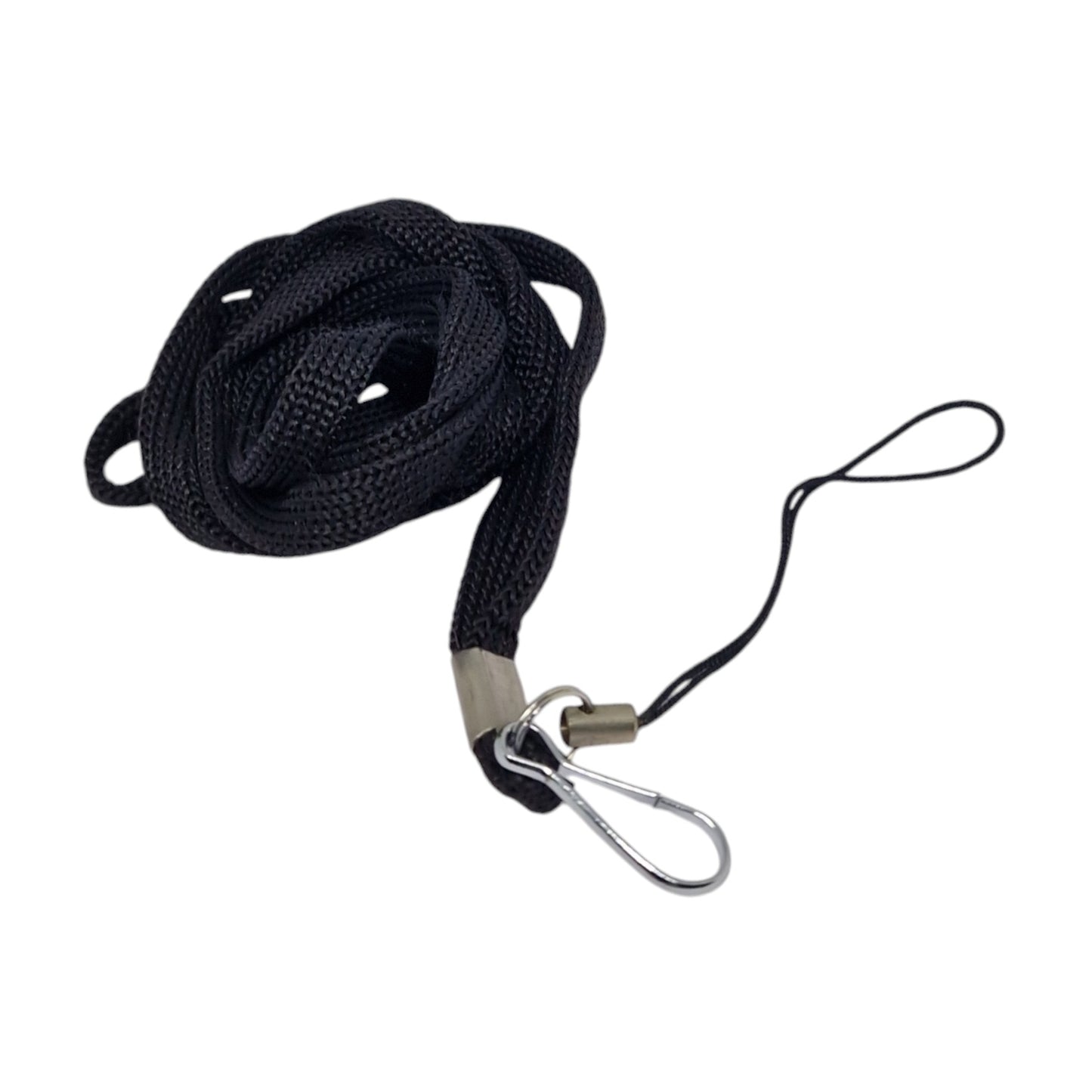 A black flat loupe cord with a detachable hook.
