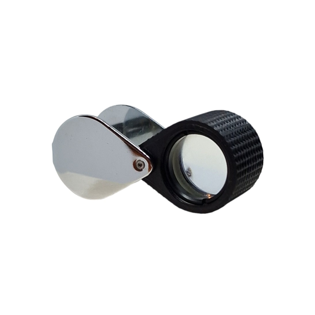 A silver magnifying loupe with rubber grip, featuring a single lens for magnification.