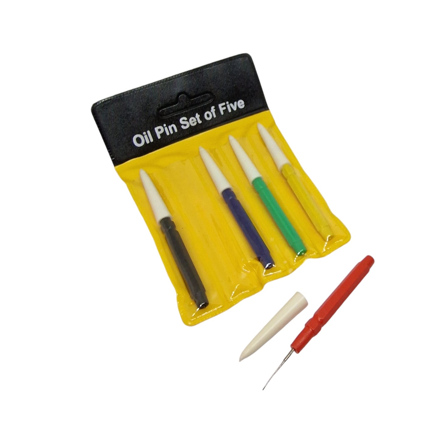 Red oiler with lid off and a plastic pouch with 4 other oilers