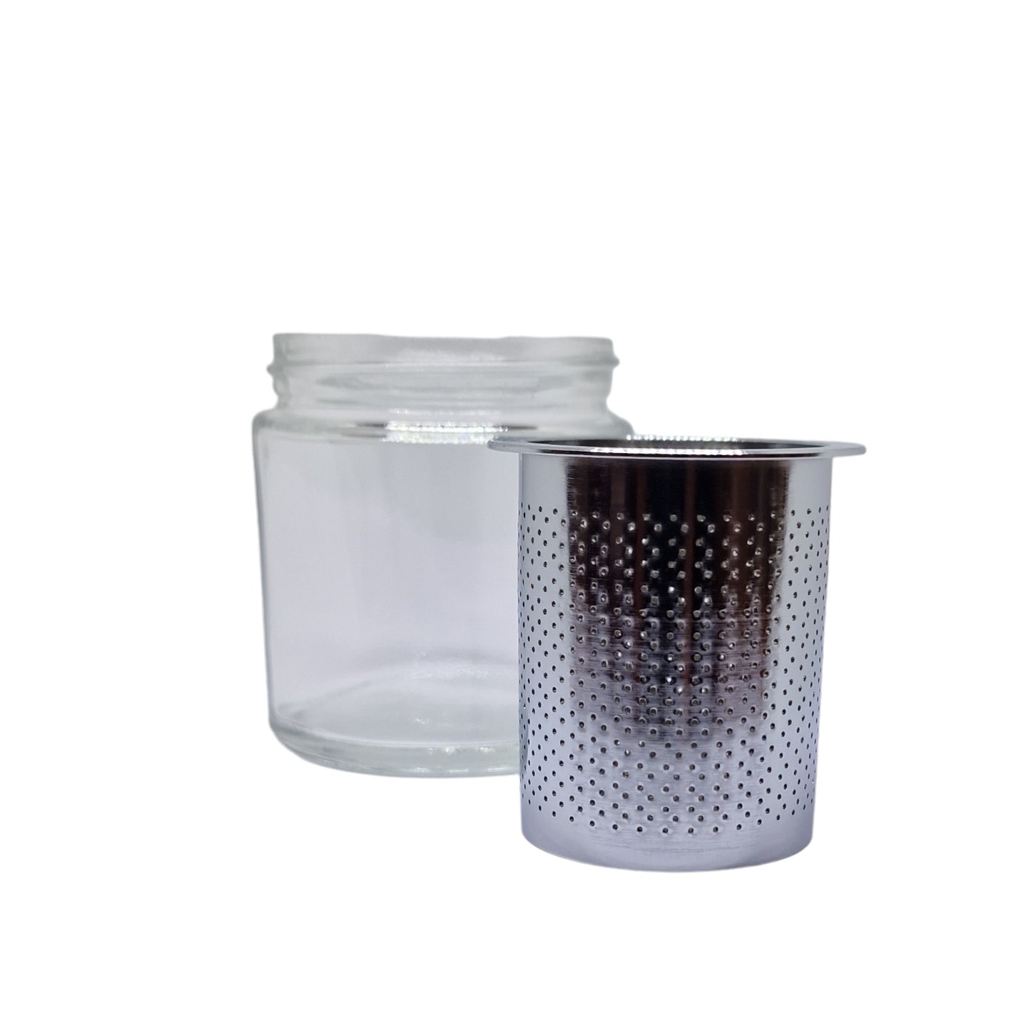A glass jar with a metal cap and a stainless steel perforated cup inside, used for cleaning diamonds and other loose stones.