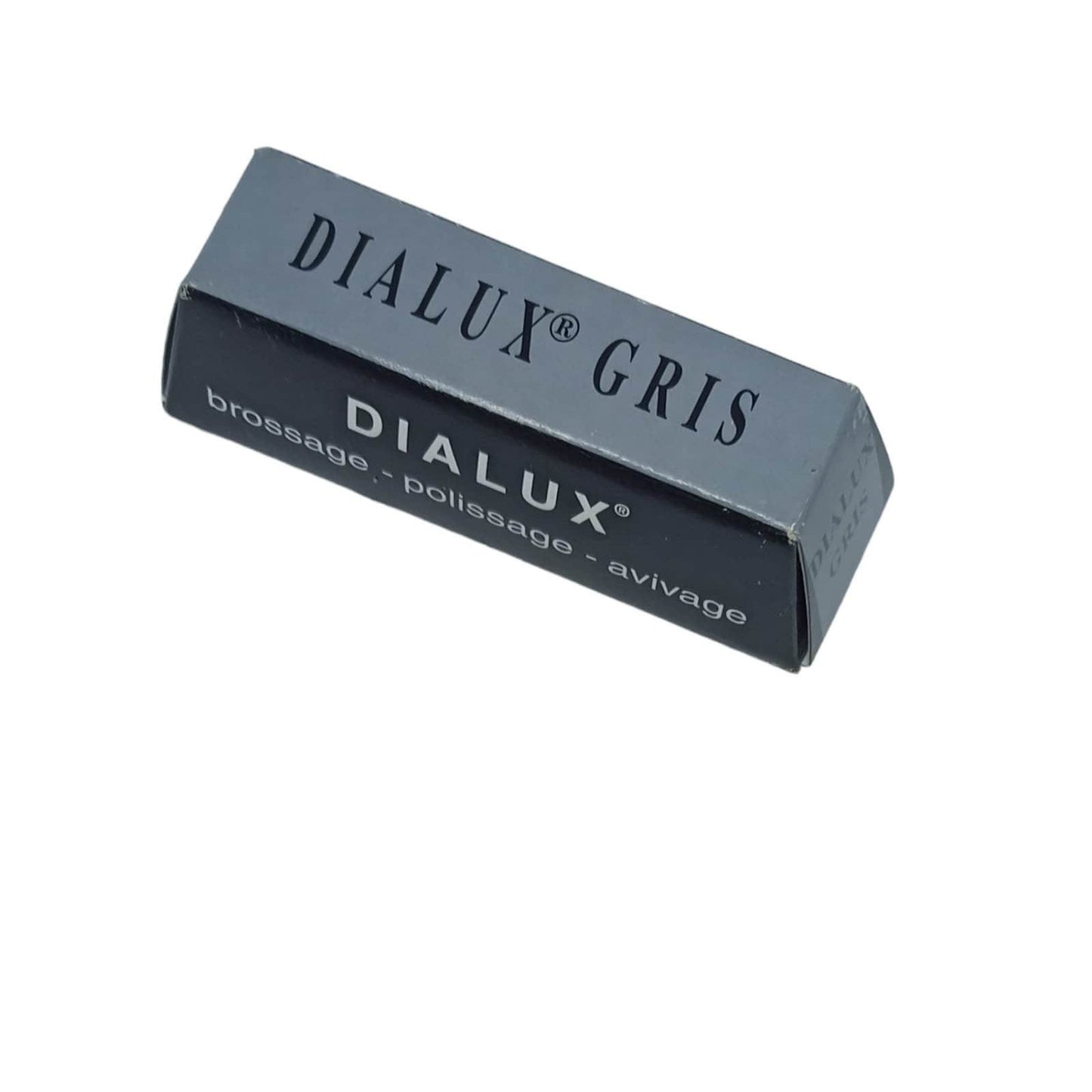 A gray metal polish stick labeled 'DIALUX GRIS' for jewelry cleaning.