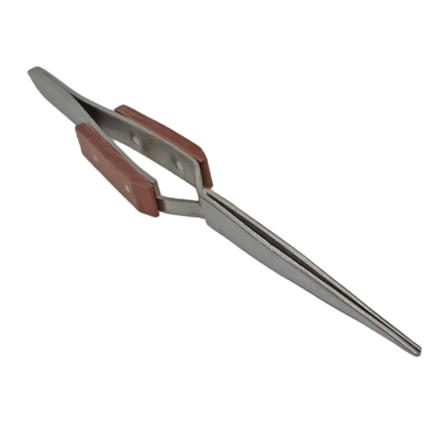 A silver-colored reverse action tweezer with brown insulated handles.