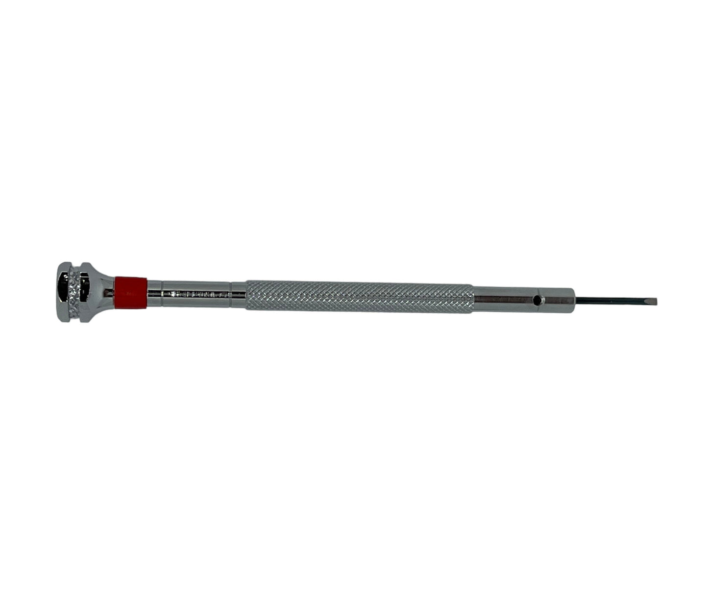 A watchmaker's screwdriver with a red handle, silver-colored shaft, and fine pointed end for precision work.