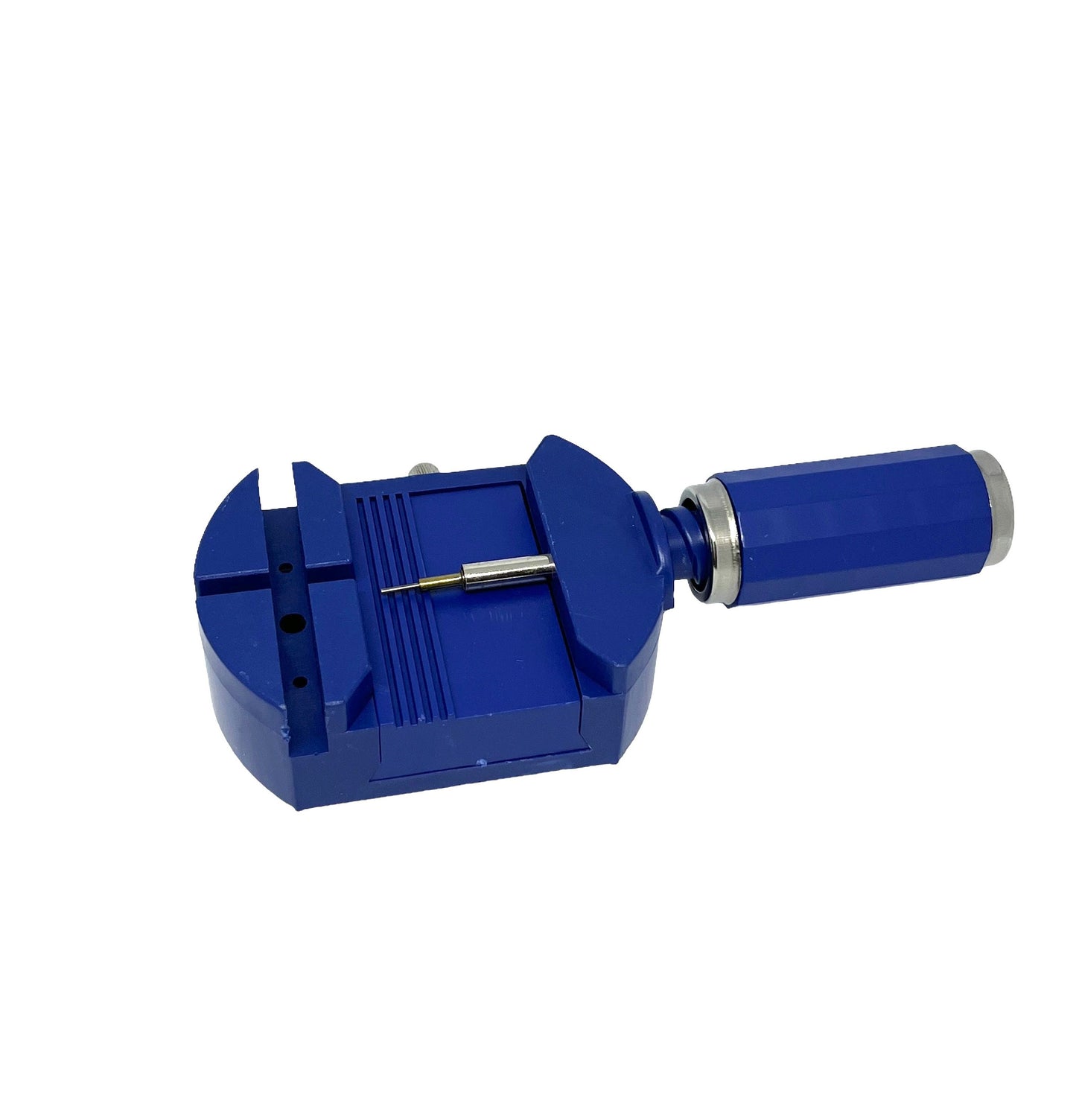 A blue pin removing tool for watch strap bracelets with a slanted removable base and a large easy-to-use handle.
