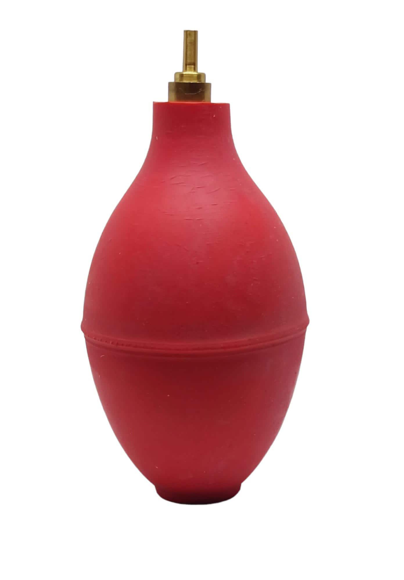 A rubber hand blower with a metal nozzle, primarily red in color, used for watchmaking and other delicate electronic component cleaning.