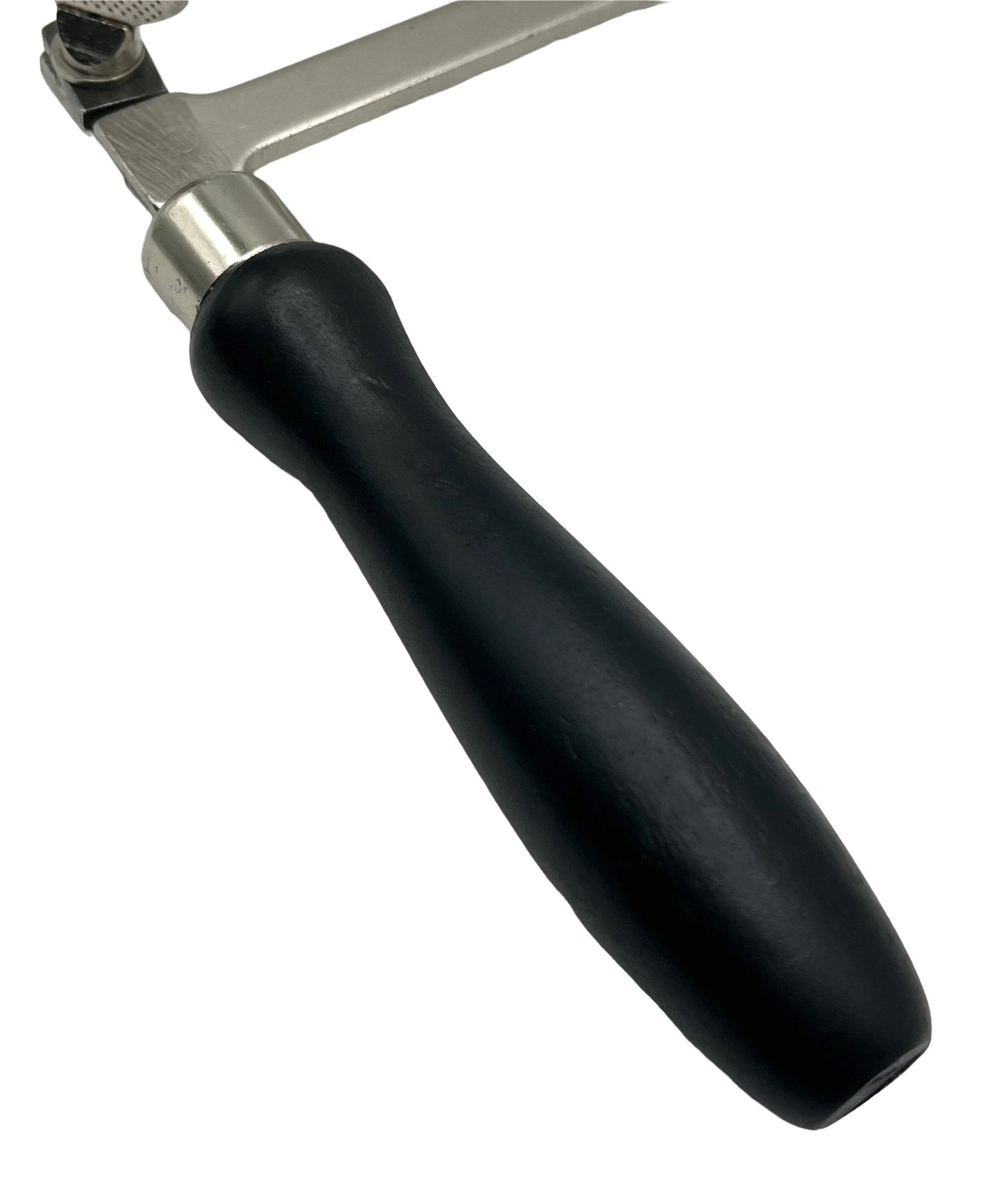 Adjustable steel saw frame with a smooth wooden handle.