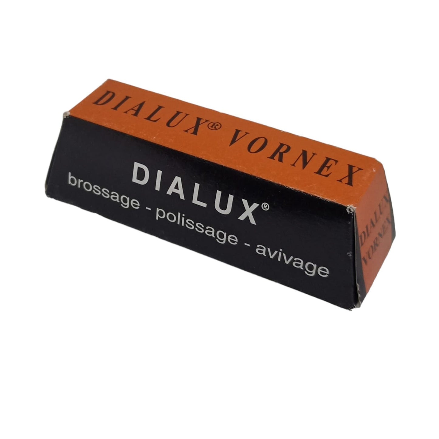A box labeled 'Dialux' and 'BRASSEUR POLISSEUR AUX' with an orange and black color scheme, indicating it is a pre-polishing compound for metal surfaces.