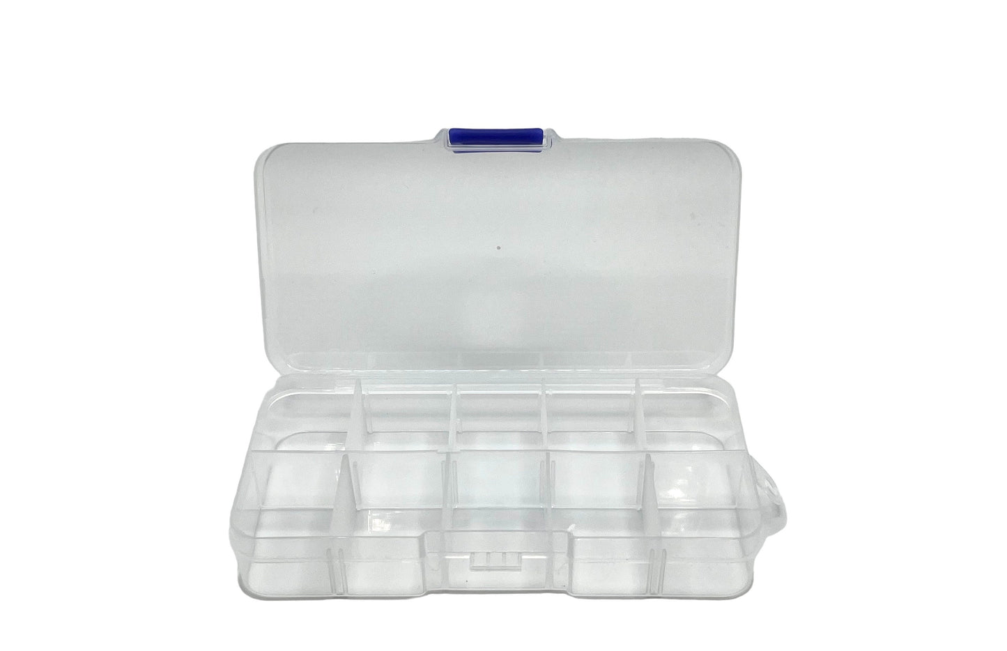 A clear plastic storage box with a blue hinged lid, containing 10 compartments designed for organizing small items such as beads.
