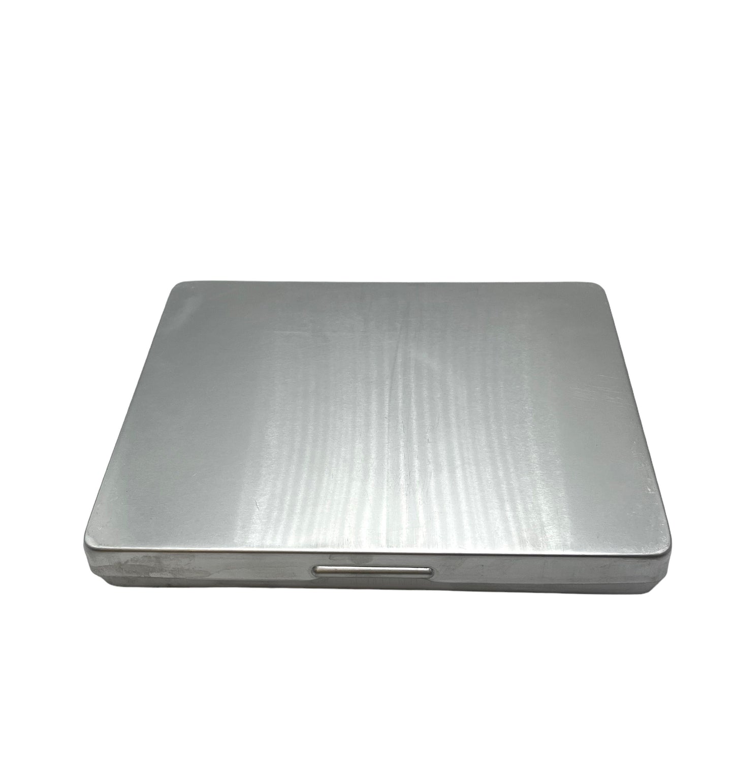 An open aluminium storage box with 12 compartments, each with a glass lid, designed for noise reduction with foam in the lid.