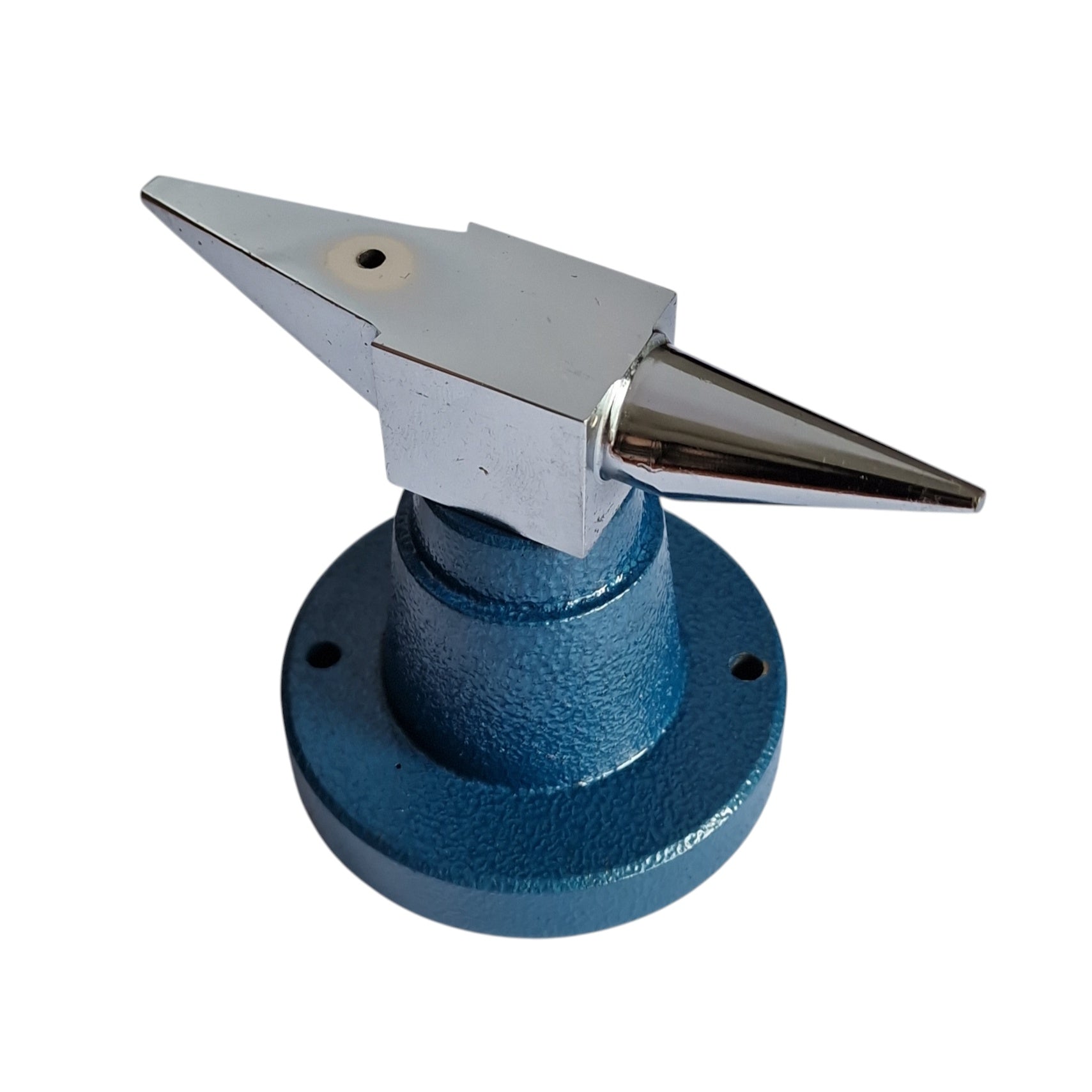 Metal anvil with blue base and silver head on a white background