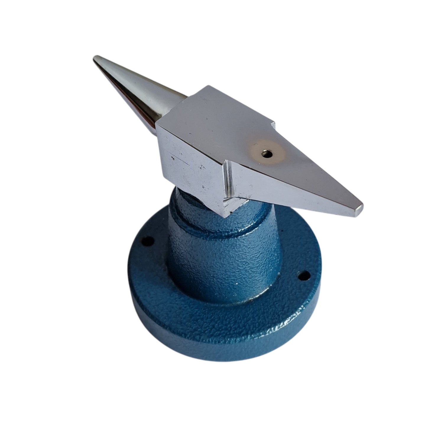 Blue and silver metal tool on a white background