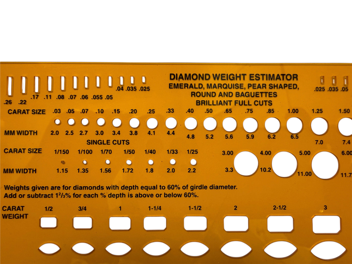 Diamond weight estimator tool with measurements for carat size, width, and weight on a white background.