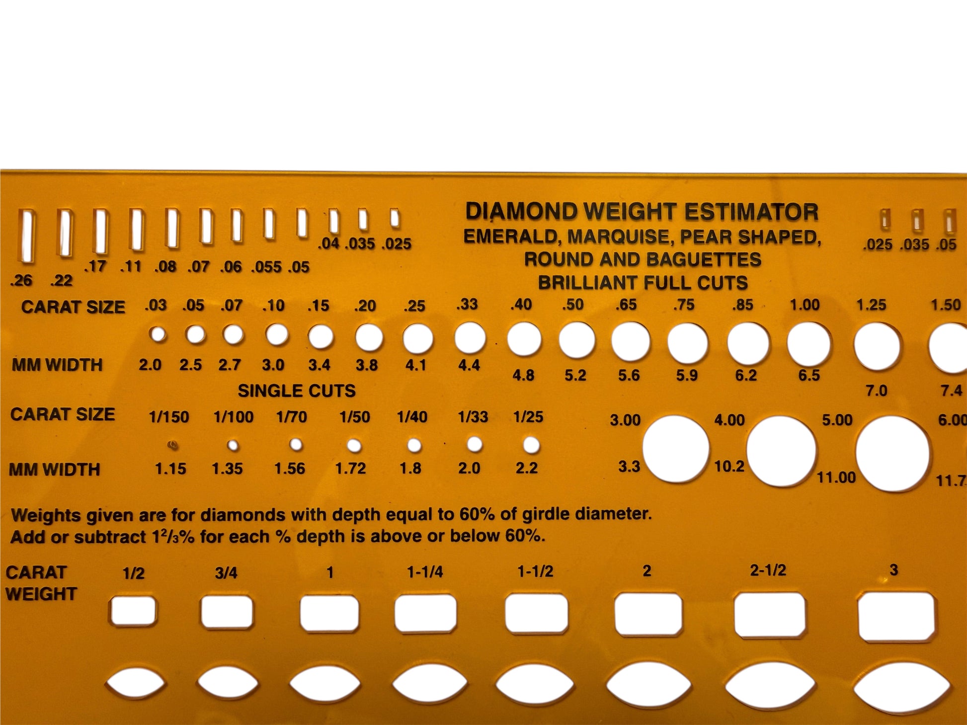 Diamond weight estimator tool with measurements for carat size, width, and weight on a white background.