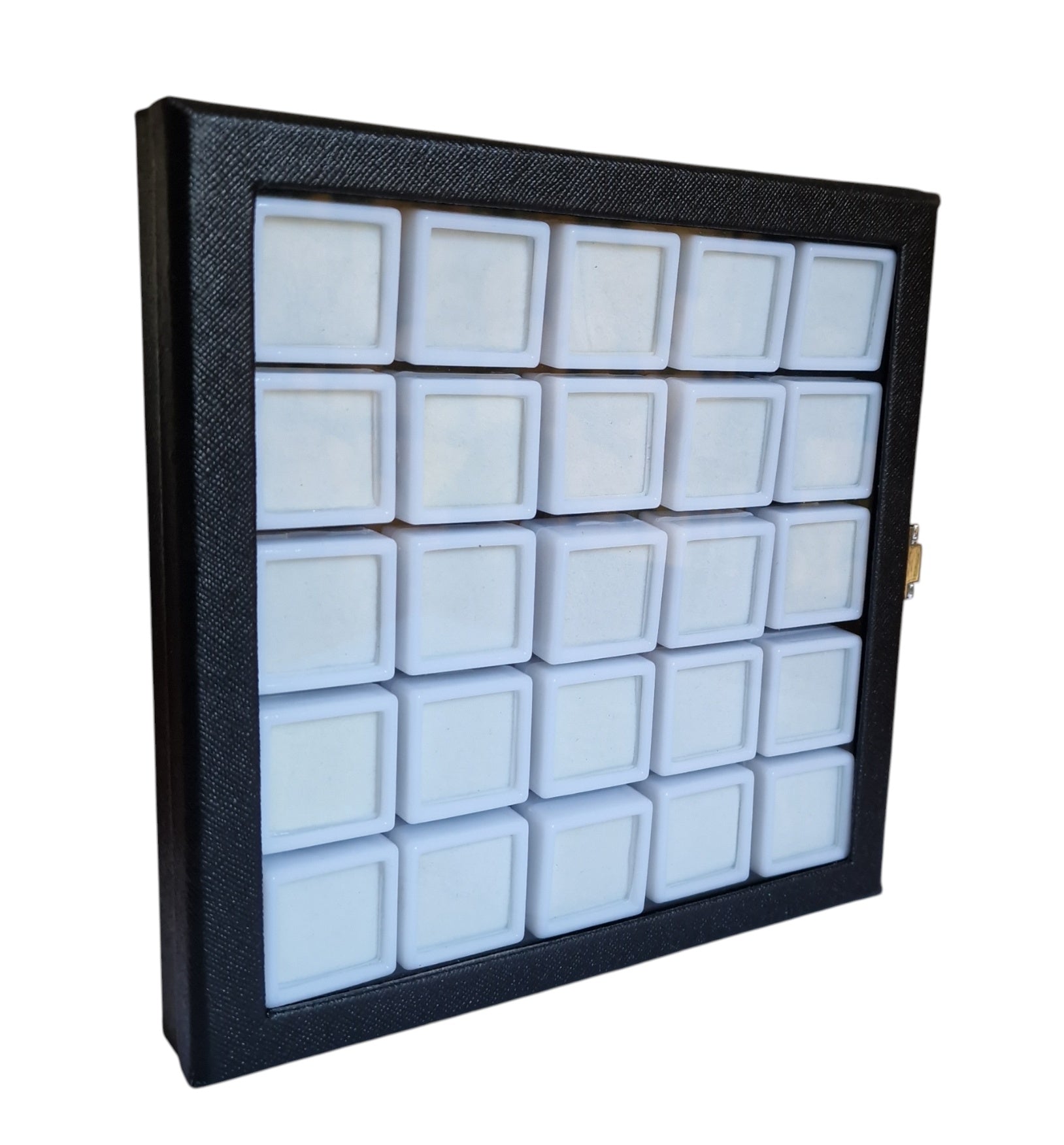 Black display case with multiple compartments for jewelry on a white background