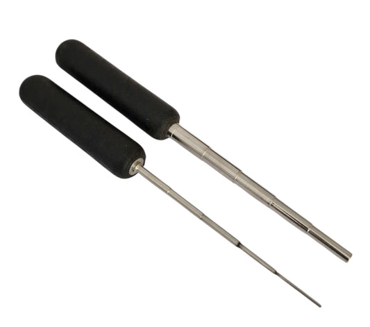 Two black-handled metal tools on a white background