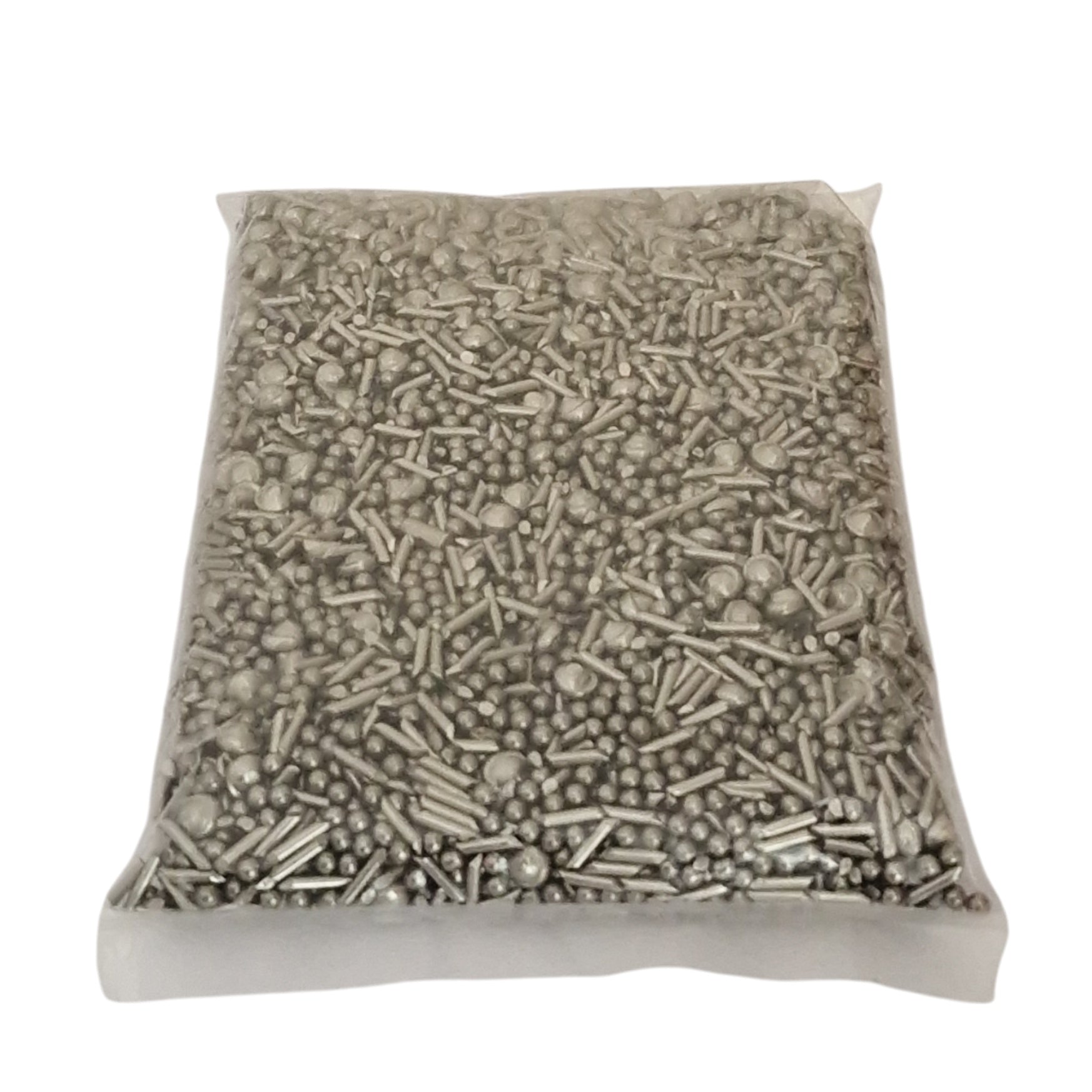 A sealed plastic bag filled with mixed stainless steel shot in various shapes including balls, pins, and satellite pieces, used for jewellery polishing in barrelling or tumbling machines.”