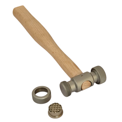 Metal tool with wooden handle and attachments on a white background