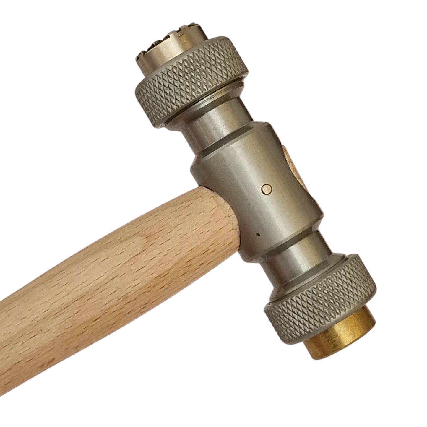 Close-up of a hammer with a wooden handle and metallic head on a white background