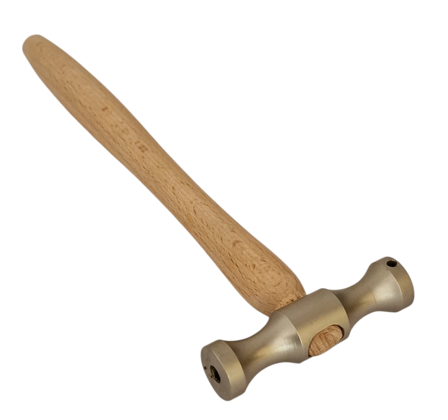 Double-ended planishing hammer with a smooth wooden handle and metal head, designed for interchangeable Delrin tips used in jewellery and metalworking.