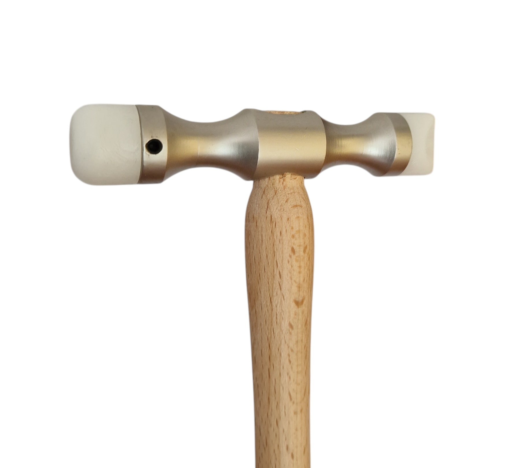 Double-ended planishing hammer with a smooth wooden handle and metal head, designed for interchangeable Delrin tips used in jewellery and metalworking.