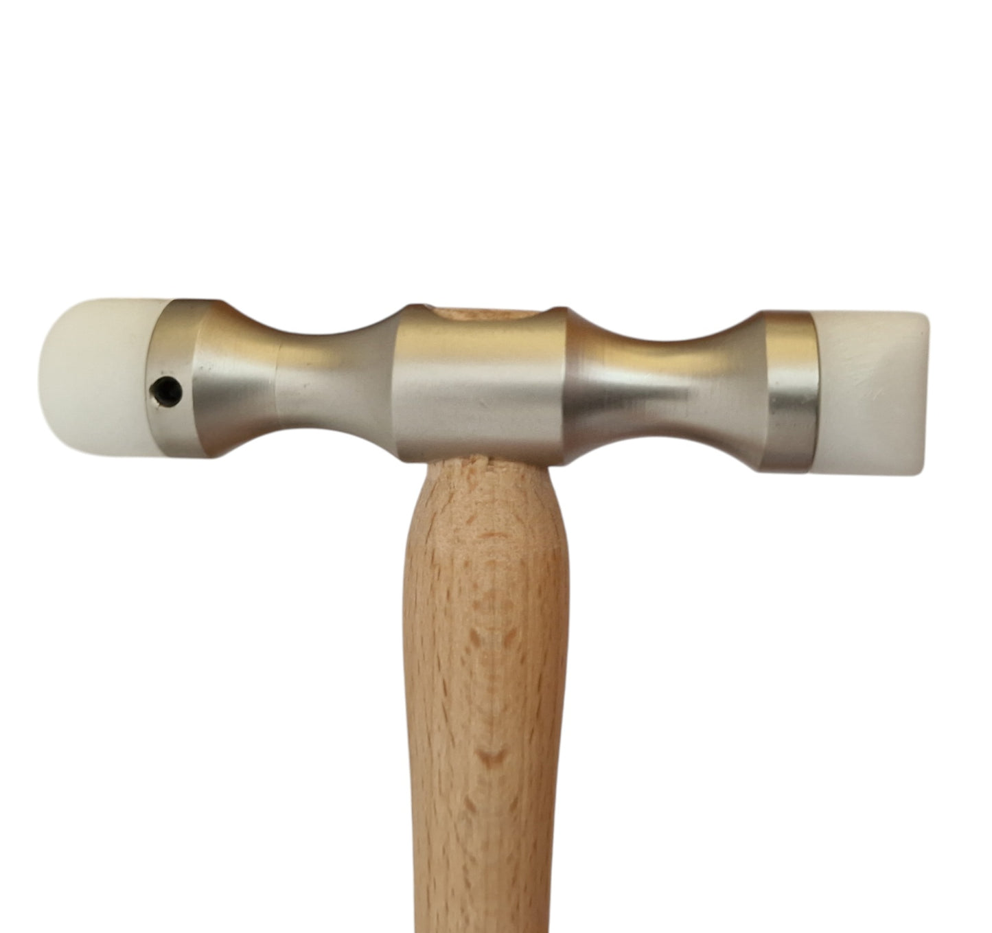 Double-ended planishing hammer with a smooth wooden handle and metal head, designed for interchangeable Delrin tips used in jewellery and metalworking.