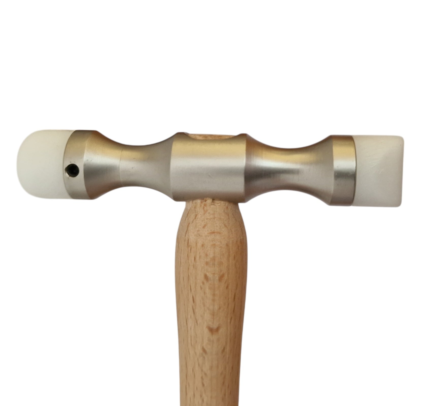 Double-ended planishing hammer with a smooth wooden handle and metal head, designed for interchangeable Delrin tips used in jewellery and metalworking.