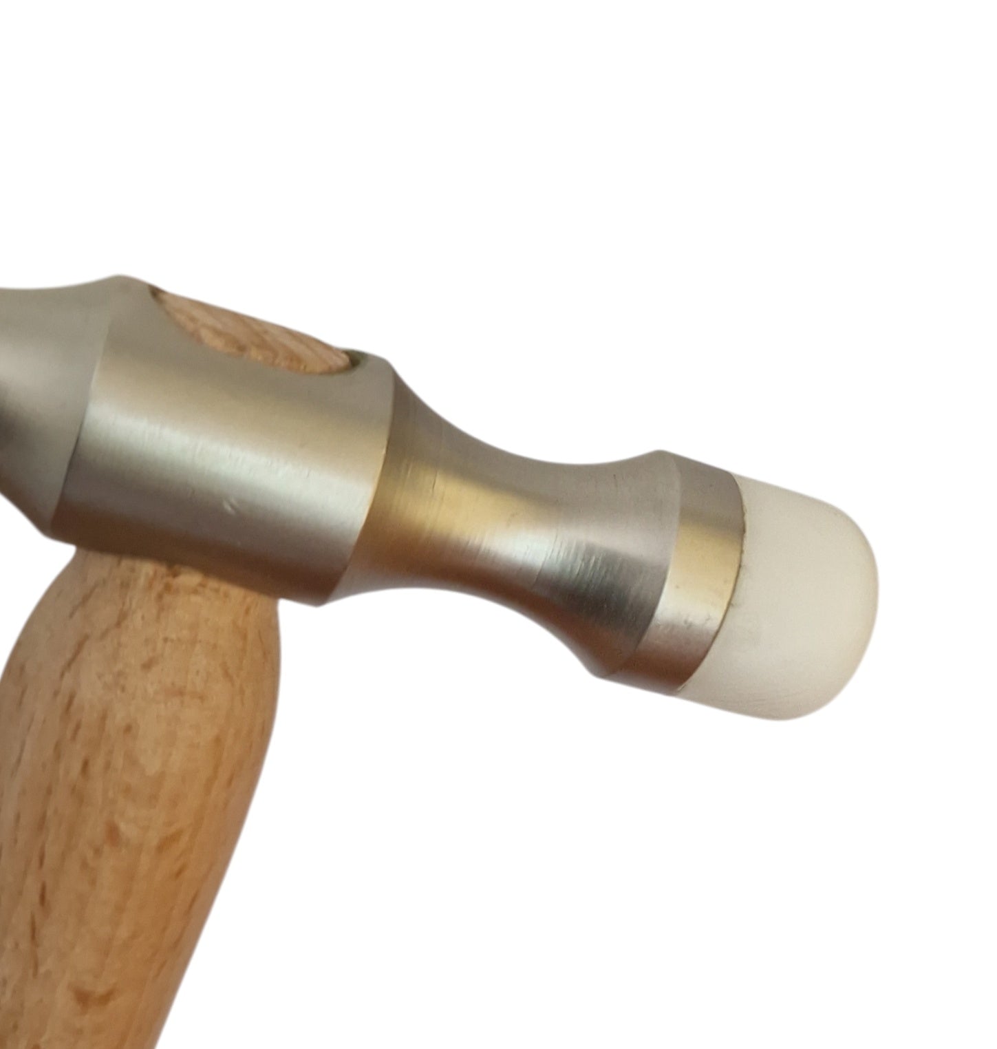 Close-up of a hammer with wooden handle and metal head on a white background