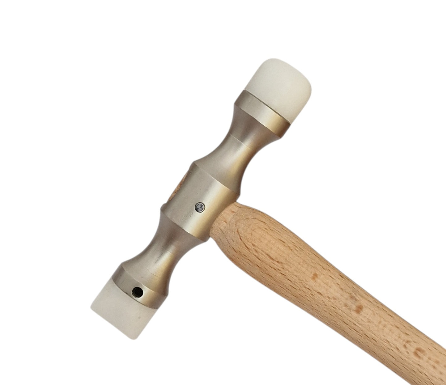 Double-ended planishing hammer with a smooth wooden handle and metal head, designed for interchangeable Delrin tips used in jewellery and metalworking.