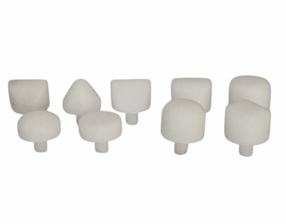 Set of nine white Delrin replacement hammer heads in various shapes, used for non-marring metal forming and jewellery making.