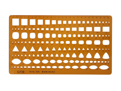 Orange gemstone ruler with various shapes and measurements on a white background