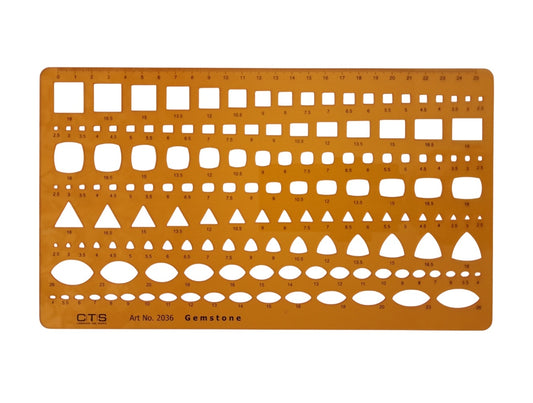 Orange gemstone ruler with various shapes and measurements on a white background