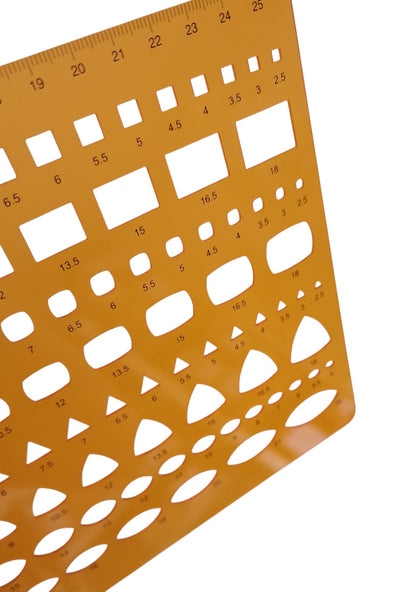 Orange plastic stencil with carat, mm, and shape guides for diamond weight estimation