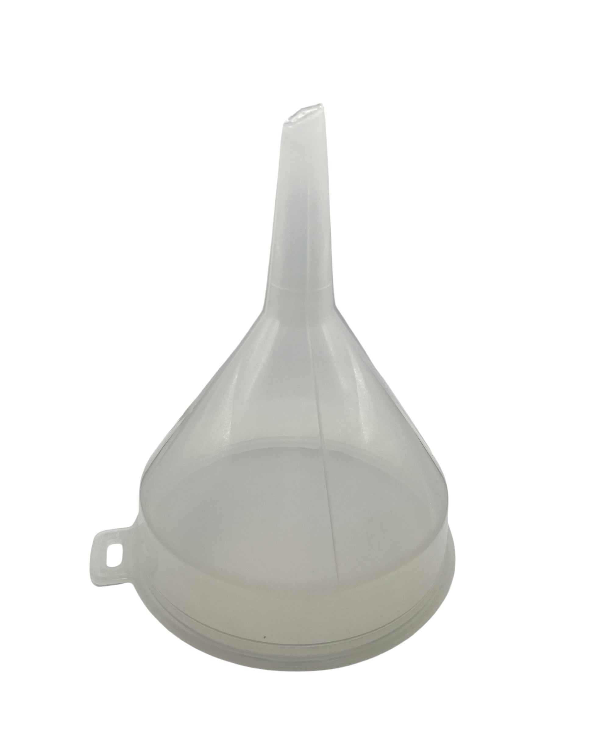 A clear plastic funnel with a 140mm width, featuring a spout and a handle.