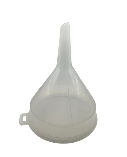 A clear plastic funnel with a 140mm width, featuring a spout and a handle.
