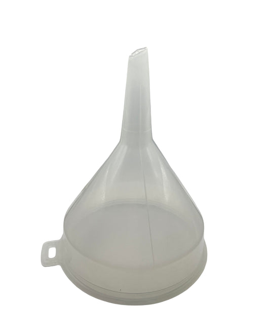 A clear plastic funnel with a 140mm width, featuring a spout and a handle.