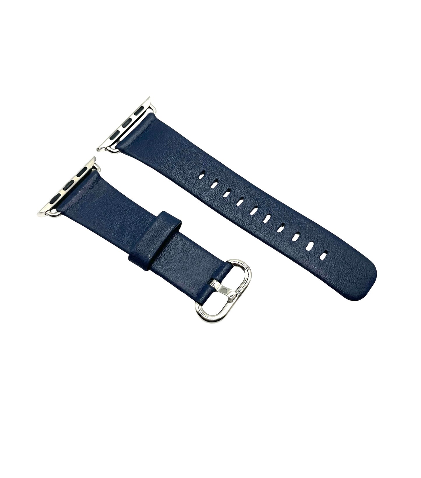 Navy blue leather watch strap with a stainless steel buckle, laid out flat on a white background.