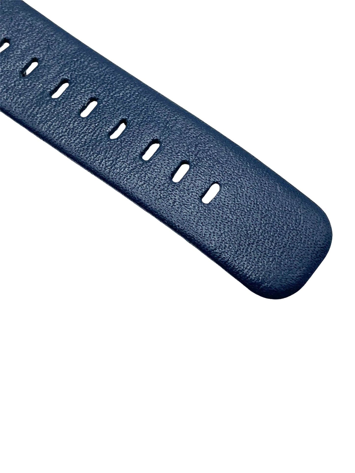 Close up of a blue leather watch strap